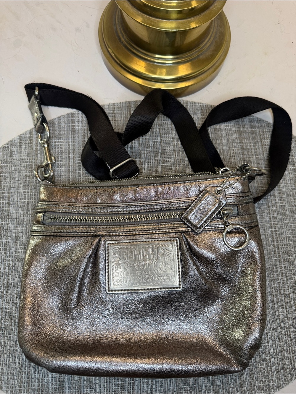 Metallic Silver Coach Poppy Crossbody Bag with Adjustable Strap